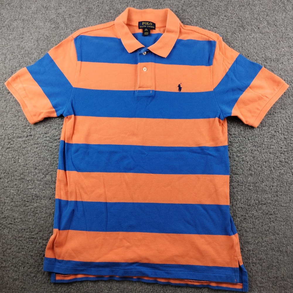 Polo Ralph Lauren Polo Shirt Boys XL 18 Mens XS Orange Blue Stripe SS EUC